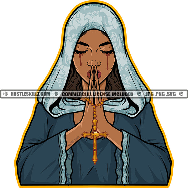 African American Woman Hard Praying Hand Holding Cross Melanin Woman Crying Blood Dripping Vector Design Element SVG JPG PNG Vector Clipart Cricut Cutting Files