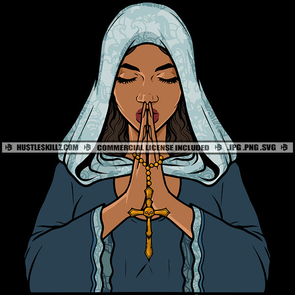 Praying Woman Crying Eye Close African Woman Holding Cross Melanin Woman Sad Face Vector Design Element SVG JPG PNG Vector Clipart Cricut Cutting Files
