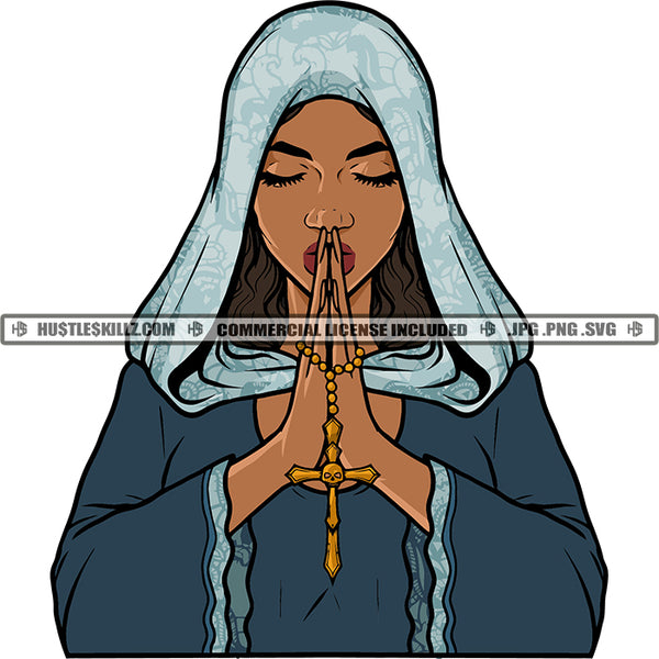 Praying Woman Crying Eye Close African Woman Holding Cross Melanin Woman Sad Face Vector Design Element SVG JPG PNG Vector Clipart Cricut Cutting Files