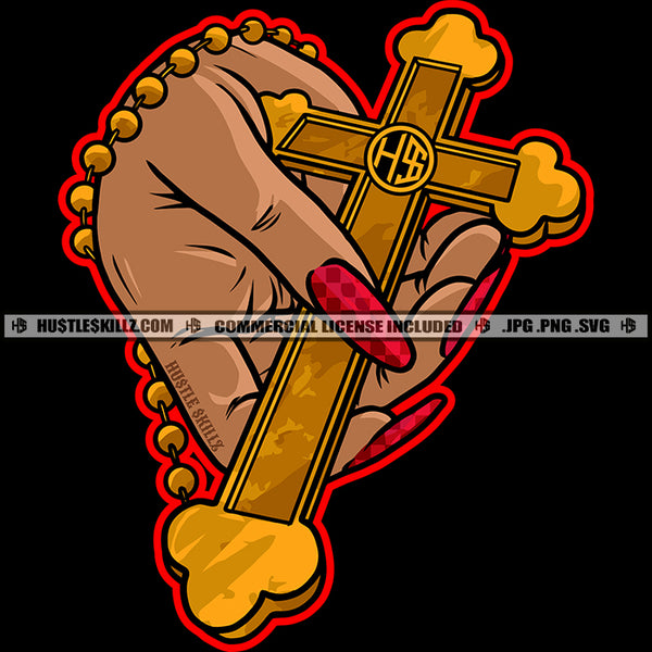 Woman Hand Holding Cross Long Nail Vector Design Element Cross And A Rosary On Hand SVG JPG PNG Vector Clipart Cricut Cutting Files