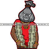 Black Man Money Bag Head Stacks Dollar Hustler Hustling Bills Arm Tattoos Watch Bracelet Rings Holding Money Bundle Smile Face Cash Dollar Design Element SVG PNG JPG Vector Cutting Cricut Files
