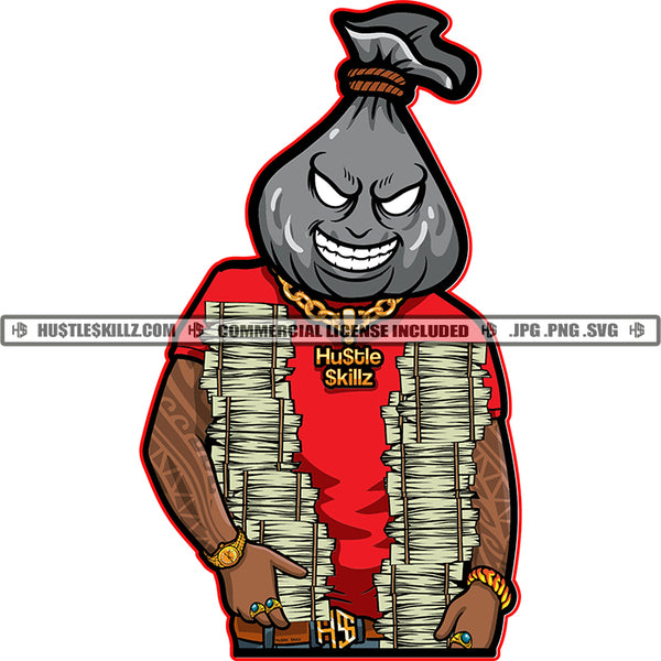 Black Man Money Bag Head Stacks Dollar Bills Arm Tattoos Watch Bracelet Rings Smile Face Design Element SVG JPG PNG Vector Clipart Cricut Cutting Files