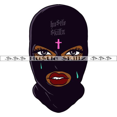 African American Gangster Woman Wearing Black Color Ski Mask On Cross Design Element Melanin Woman Head Design SVG JPG PNG Vector Clipart Cricut Cutting Files