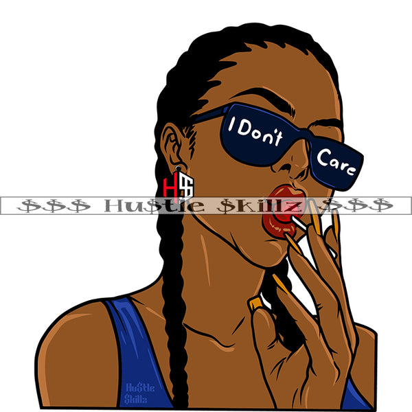 Afro Urban Street Women Sucking Lollipop Wearing Sunglasses With I Don't Care Quote Vector Portrait Long Nail Melanin Women Braided Hair Digital Art Silhouette SVG JPG PNG Vector Clipart Cricut Cutting Files