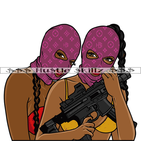 Gangster Woman Wearing Ski Musk Holding Gun Vector Melanin Woman Wearing Bikini Vector Design Element SVG JPG PNG Vector Clipart Cricut Cutting Files