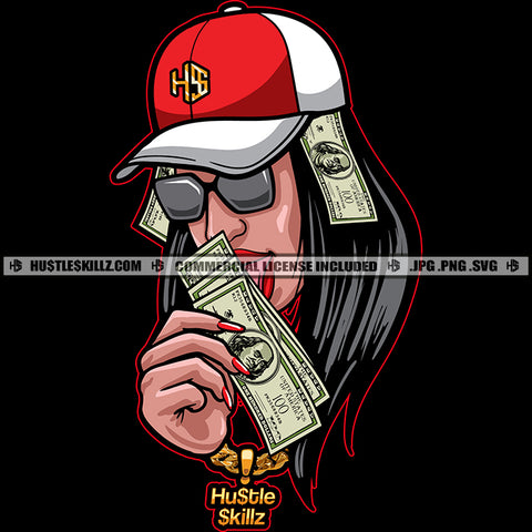 Nubian Woman Holding Money Cash Bank Dollar Bill Melanin Woman Wearing Cap Sunglass Hustler Hustling Grind Grinding Kiss On Money Design Element SVG JPG PNG Vector Clipart Cricut Cutting Files