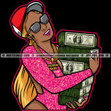 Nubian Woman Wearing Sunglass Cap And Bikini Grind Grinding Holding Money Cash Bank Dollar Bill Melanin Hustler Hustling Smile Face Design Element SVG JPG PNG Vector Clipart Cricut Cutting Files