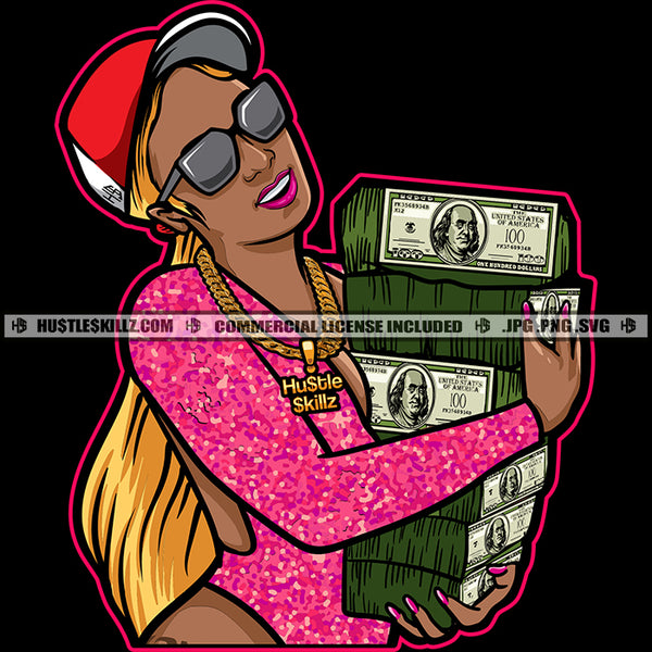 Nubian Woman Wearing Sunglass Cap And Bikini Grind Grinding Holding Money Cash Bank Dollar Bill Melanin Hustler Hustling Smile Face Design Element SVG JPG PNG Vector Clipart Cricut Cutting Files