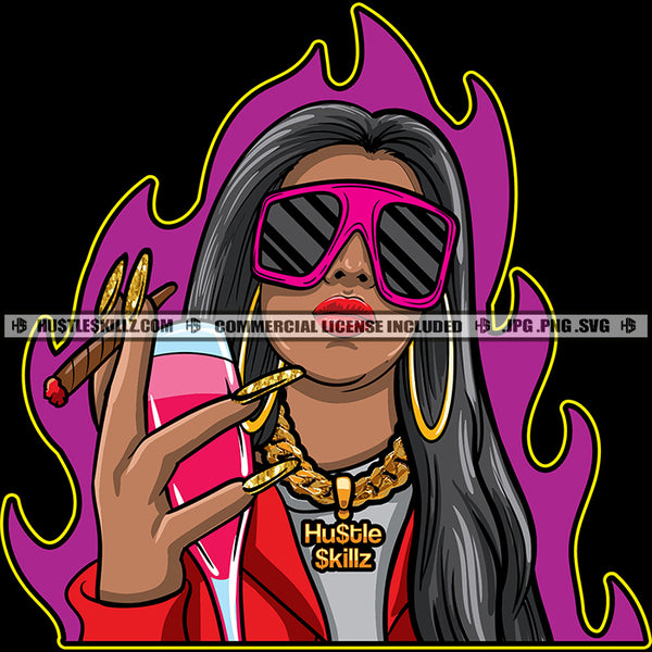 Nubian Woman Smoking Marijuana Weed Grind Grinding Melanin Woman Wearing Sunglass Money Cash Bill Hustler Hustling Vector Design Element SVG JPG PNG Vector Clipart Cricut Cutting Files