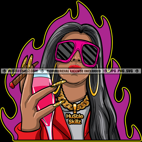 Nubian Woman Smoking Marijuana Weed Grind Grinding Melanin Woman Wearing Sunglass Money Cash Bill Hustler Hustling Vector Design Element SVG JPG PNG Vector Clipart Cricut Cutting Files