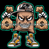 Money Bag Cartoon Character Holding Money Bag Vector Character Standing And Smile Face Wearing Cap Design Element SVG JPG PNG Vector Clipart Cricut Cutting Files