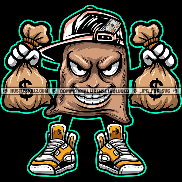 Money Bag Cartoon Character Holding Money Bag Vector Character Standing And Smile Face Wearing Cap Design Element SVG JPG PNG Vector Clipart Cricut Cutting Files