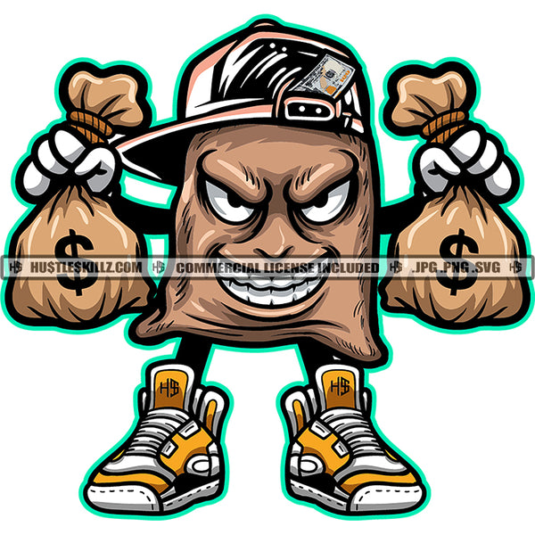 Money Bag Cartoon Character Holding Money Bag Vector Character Standing And Smile Face Wearing Cap Design Element SVG JPG PNG Vector Clipart Cricut Cutting Files