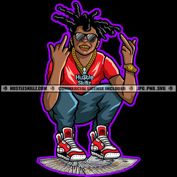 African American Man Sitting On Money Wearing Sunglasses Vector Middle Finger Hand Sign Wearing Sunglasses Locus Hair Style Design Element SVG JPG PNG Vector Clipart Cricut Cutting Files