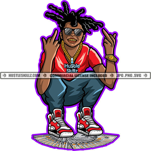 African American Man Sitting On Money Wearing Sunglasses Vector Middle Finger Hand Sign Wearing Sunglasses Locus Hair Style Design Element SVG JPG PNG Vector Clipart Cricut Cutting Files