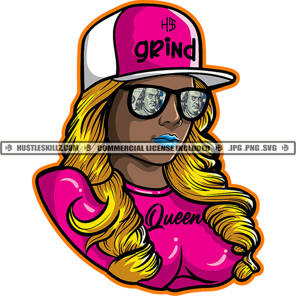 Melanin Woman Humble But Hungry Money Glasses Wearing Cap Blonde Hair Grind Design Element Golden Color Woman Hair Style SVG JPG PNG Vector Clipart Cricut Cutting Files