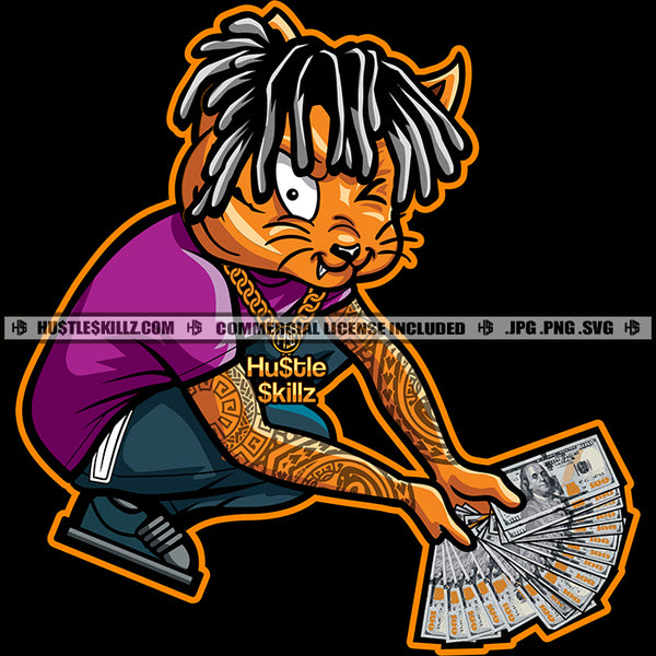 Gangster Scarface Cat Holding Cash Money Sitting On Floor Locus Hair Style Cat Vector Tattoo Hand Cat Design Element SVG JPG PNG Vector Clipart Cricut Cutting Files