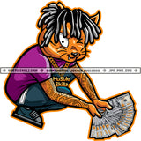 Gangster Scarface Cat Holding Cash Money Sitting On Floor Locus Hair Style Cat Vector Tattoo Hand Cat Design Element SVG JPG PNG Vector Clipart Cricut Cutting Files