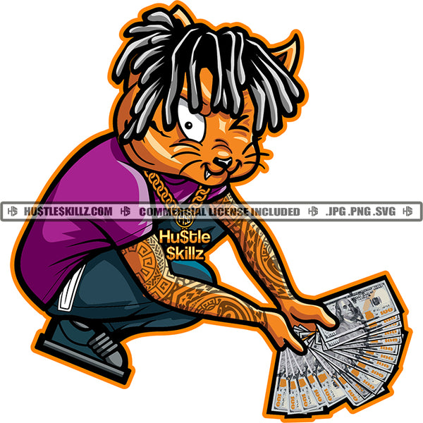 Gangster Scarface Cat Holding Cash Money Sitting On Floor Locus Hair Style Cat Vector Tattoo Hand Cat Design Element SVG JPG PNG Vector Clipart Cricut Cutting Files