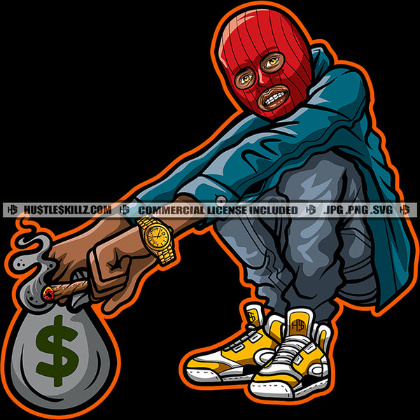 Gangster African American Man Sitting On Floor Vector Hand Holding Money Bag Wearing Face Mask Design Element SVG JPG PNG Vector Clipart Cricut Cutting Files