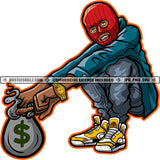 Gangster African American Man Sitting On Floor Vector Hand Holding Money Bag Wearing Face Mask Design Element SVG JPG PNG Vector Clipart Cricut Cutting Files