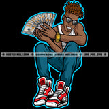 Gangster African American Man Hand Holding Money Vector Black Man Wearing Sunglasses Afro Hair Style Smile Face Design Element Man Sitting SVG JPG PNG Vector Clipart Cricut Cutting Files