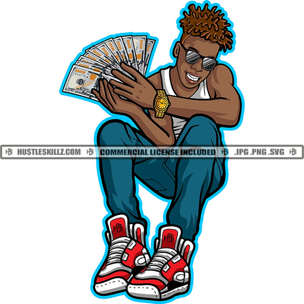 Gangster African American Man Hand Holding Money Vector Black Man Wearing Sunglasses Afro Hair Style Smile Face Design Element Man Sitting SVG JPG PNG Vector Clipart Cricut Cutting Files