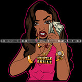 Nubian Black Woman Holding Money Cash Bank Dollar Bill Melanin Woman Angry Face Hustler Hustling Grind Grinding Wearing Watch Necklace Bachata Vector Design Element SVG JPG PNG Vector Clipart Cricut Cutting Files