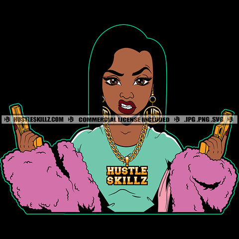 Nubian Gangster Woman Holding Double Melanin Woman Angry Face Hustler Hustling Gung Grind Grinding Money Cash Bank Dollar SVG JPG PNG Vector Clipart Cricut Cutting Files