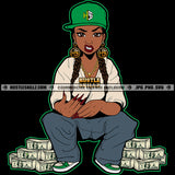 Melanin Lola Woman Sitting Grind Money Stacks Dope Street Girl Angry Face Wearing Base Ball Cap Vector Design Element Hustler Hustling SVG JPG PNG Vector Clipart Cricut Cutting Files