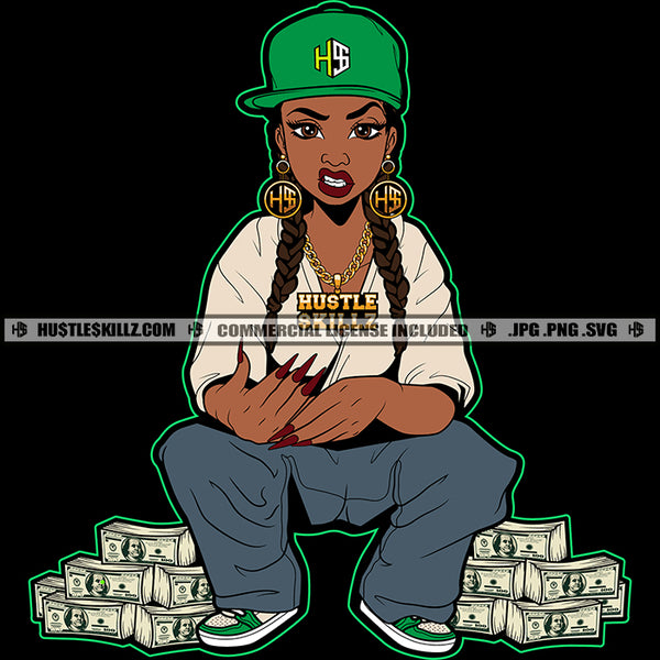 Melanin Lola Woman Sitting Grind Money Stacks Dope Street Girl Angry Face Wearing Base Ball Cap Vector Design Element Hustler Hustling SVG JPG PNG Vector Clipart Cricut Cutting Files