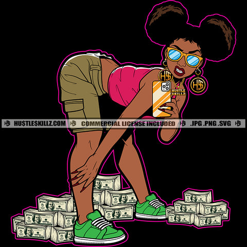 Melanin Lola Woman Grind Money Stacks Dope Street Girl Take Selfie Pose Holding Phone Money Dollar Bill Hustler Hustling SVG JPG PNG Vector Clipart Cricut Cutting Files