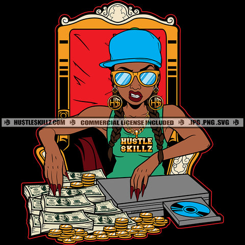 Nubian Woman Sitting On Chair Lot Of Money Cash Bank Dollar Bit Coin On Table Melanin Hustler Hustling Grind Grinding Design Element SVG JPG PNG Vector Clipart Cricut Cutting Files