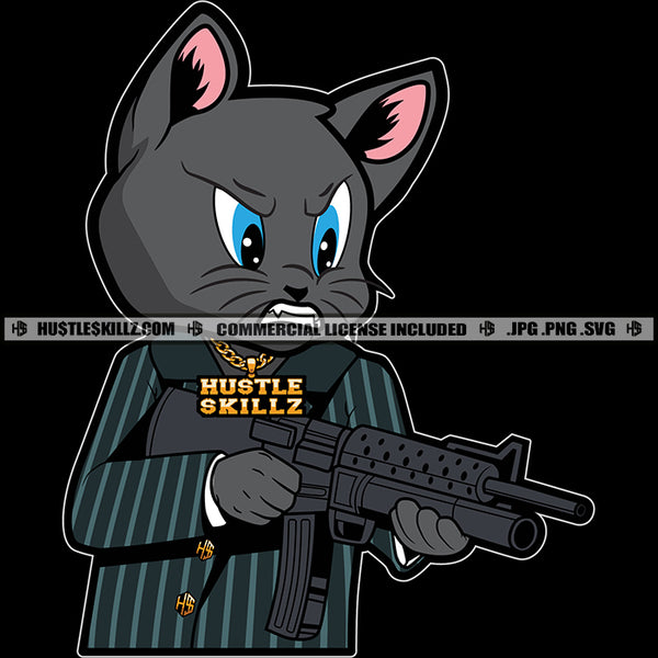 Gangster Scarface Cat Holding Gun Angry Face Cat Wearing Coat Vector Design Element Hustler Hustling SVG JPG PNG Vector Clipart Cricut Cutting Files