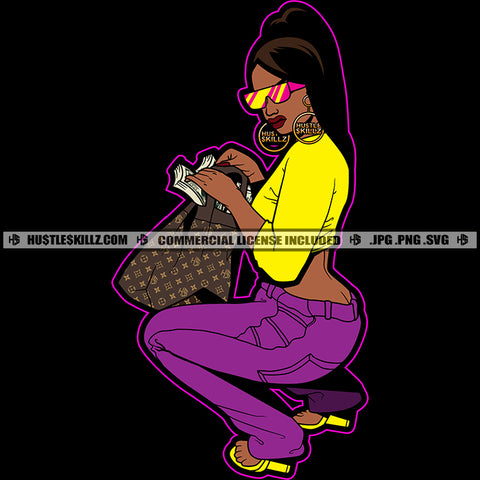Melanin Woman Money Cash Squatting Purse Handbag Sunglasses Slides Count Icon Afro Woman Sitting Sexy Pose Black Background Design Element SVG JPG PNG Vector Clipart Cricut Cutting Files