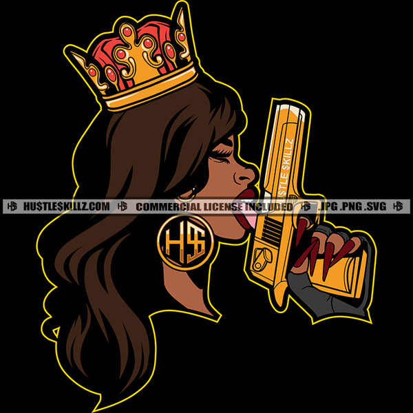 Nubian Woman Crown On Head Melanin Woman Holding Gung Hustler Hustling Side Face Design Element Grind Grinding Money Cash Bank Dollar Bill SVG JPG PNG Vector Clipart Cricut Cutting Files