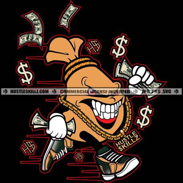 Gangster The Cash Of Money Bag Character Running Angry Face Vector Money Bag Holding Money Dripping Vector Design Element Hustler Hustling SVG JPG PNG Vector Clipart Cricut Cutting Files