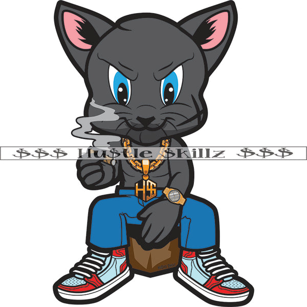 Gangster Scarface Cat Smoking Weed Marijuana Design Element Scarface Cat Sitting On Box White Background Wearing Gold Chain SVG JPG PNG Vector Clipart Cricut Cutting Files