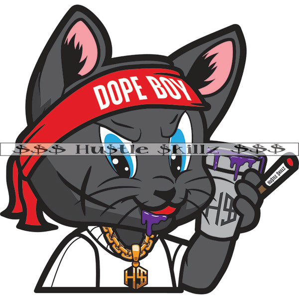 Gangster Scarface Cat Smoking Hand Holding Weed And Glass Vector Design Element White Background Smile Face Wearing Head Band SVG JPG PNG Vector Clipart Cricut Cutting Files