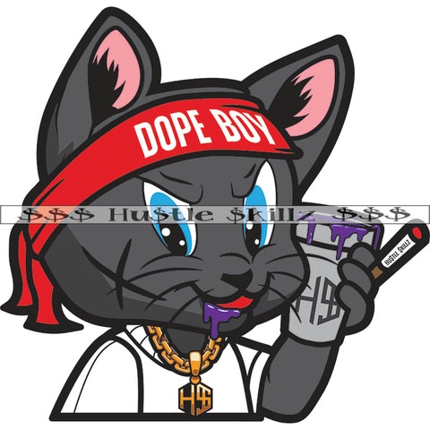 Gangster Scarface Cat Smoking Hand Holding Weed And Glass Vector Design Element White Background Smile Face Wearing Head Band SVG JPG PNG Vector Clipart Cricut Cutting Files