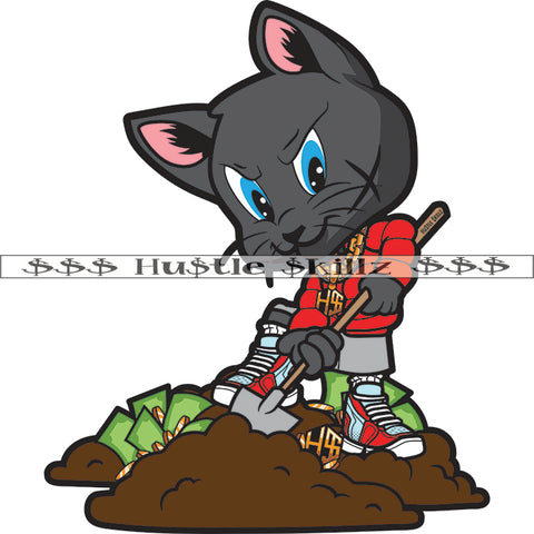 Gangster Scarface Cat Cartoon Character Digging Mud Money Coins Cash Grind Vector Smile Face Money Side Design Element White Background SVG JPG PNG Vector Clipart Cricut Cutting Files