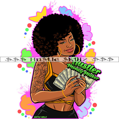 Hustler Money Maker African American Woman Curly Hair Melanin Nubian Girl Holding Money Bundle Design Element Black Girl Magic Ski Mask Gangster SVG JPG PNG Vector Clipart Cricut Cutting Files