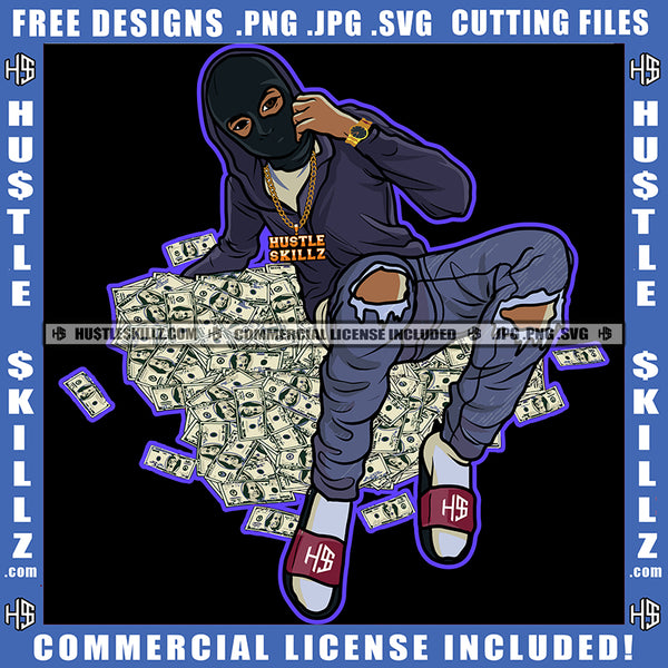 African American Woman Sitting On Money Bundle Design Element Nubian Woman Wearing Musk Hustler Hustling SVG JPG PNG Vector Clipart Cricut Cutting Files