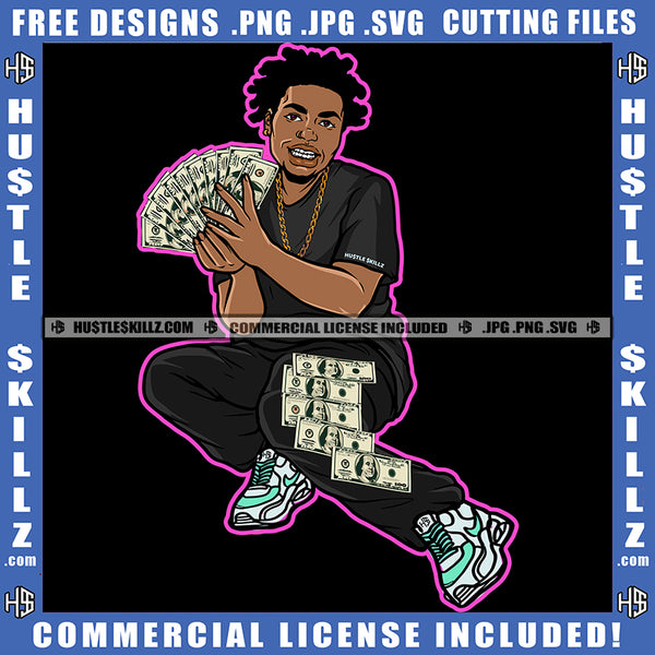 African American Gangster Man Sitting On Floor Design Element Melanin Man Holding Money Hustler Hustling SVG JPG PNG Vector Clipart Cricut Cutting Files
