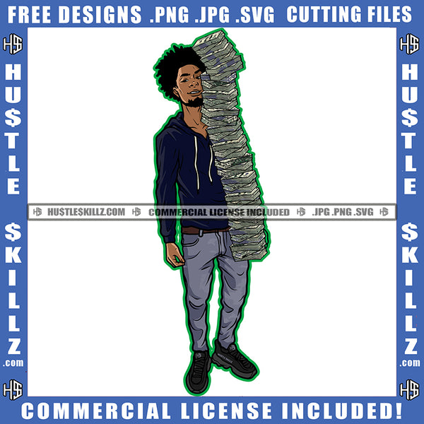 African American Gangster Man Standing Design Element Melanin Locs Dreads Hair Man Holding Money Hustler Hustling SVG JPG PNG Vector Clipart Cricut Cutting Files