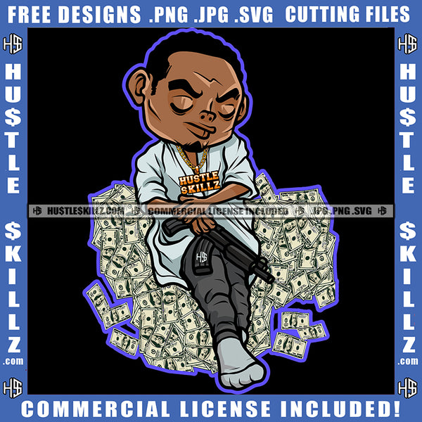 African American Gangster Man Sitting On Money Design Element Melanin Man Holding Gun Hustler Hustling SVG JPG PNG Vector Clipart Cricut Cutting Files