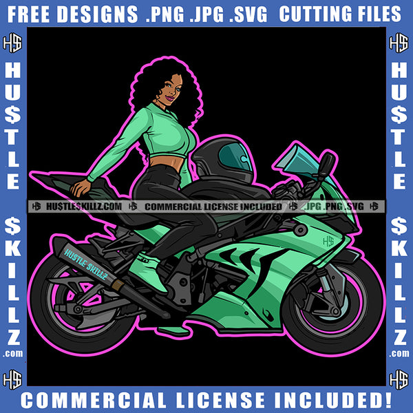 African American Lady Biker On Bike Design Element Melanin Curly Hair Hustler Hustling SVG JPG PNG Vector Clipart Cricut Cutting Files