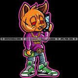 Gangster Scarface Cat Holding Cash Money And Use Phone Vector Cat Red Eyes Standing Design Element Black And White BW SVG JPG PNG Vector Clipart Cricut Cutting Files