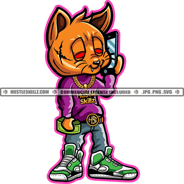 Gangster Scarface Cat Holding Cash Money And Use Phone Vector Cat Red Eyes Standing Design Element Black And White BW SVG JPG PNG Vector Clipart Cricut Cutting Files