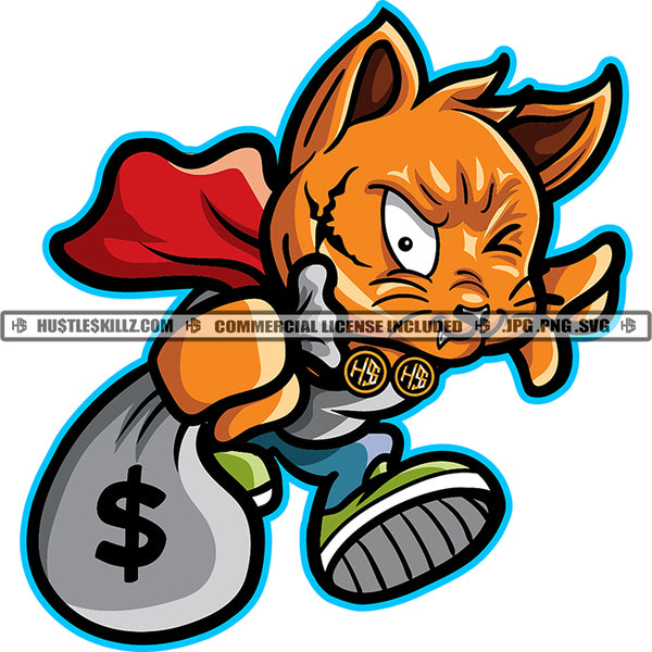 Gangster Scarface Cat Holding Money Bag Vector To Carry Load Money Bag Running Design Element One Eye Close White Background SVG JPG PNG Vector Clipart Cricut Cutting Files